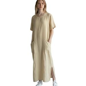 Russ Berens Linen Shift Dress Lagenlook Yellow Size XS Oversized Hand Colored
